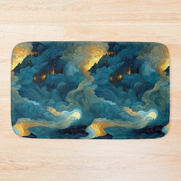 Item preview, Celestial Dreamscape Village - Teal & Gold Starry Night Clouds Pattern designed and sold by Ewa Miller.