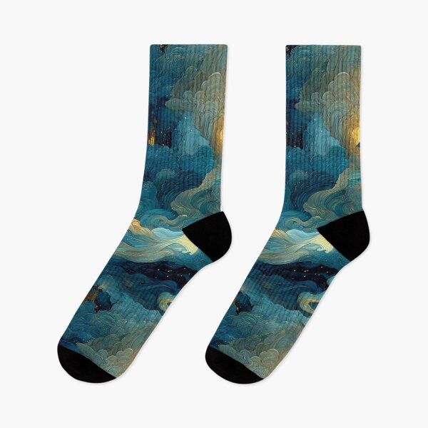 Item preview, Celestial Dreamscape Village - Teal & Gold Starry Night Clouds Pattern designed and sold by Ewa Miller.