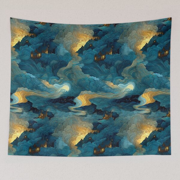 Item preview, Celestial Dreamscape Village - Teal & Gold Starry Night Clouds Pattern designed and sold by Ewa Miller.