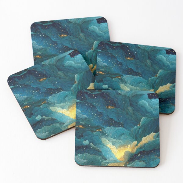 Item preview, Celestial Dreamscape Village - Teal & Gold Starry Night Clouds Pattern designed and sold by Ewa Miller.