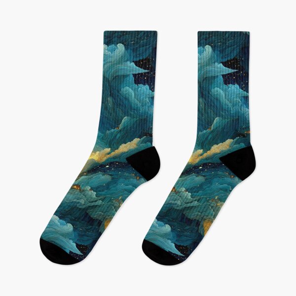 Item preview, Celestial Dreamscape Village - Teal & Gold Starry Night Clouds Pattern designed and sold by Ewa Miller.