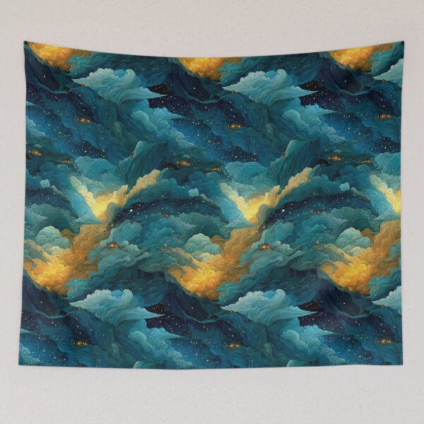 Item preview, Celestial Dreamscape Village - Teal & Gold Starry Night Clouds Pattern designed and sold by Ewa Miller.