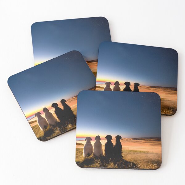 Item preview, Four Dogs Watching Sunset Over Ocean - Coastal Twilight Stars Art Print designed and sold by CanineCourier.