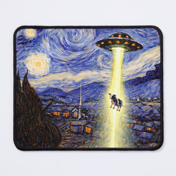 Item preview, Starry Night with Beamed-Up Bessie — Inspired by Vincent van Gogh’s “The Starry Night” (1853-1890), who never painted airborne cattle. designed and sold by TheArtsyFrogs.