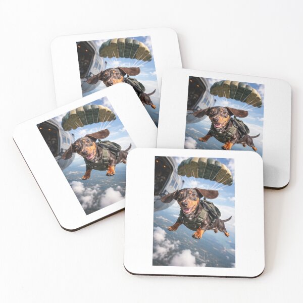 Item preview, Rolo Chambers chocolate tan miniature dachshund jumping out of a plane with a parachute  designed and sold by Stephen Chambers.
