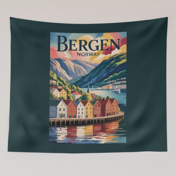 Item preview, Bergen Norway Illustration Travel Art Vintage designed and sold by KrisSidDesigns.