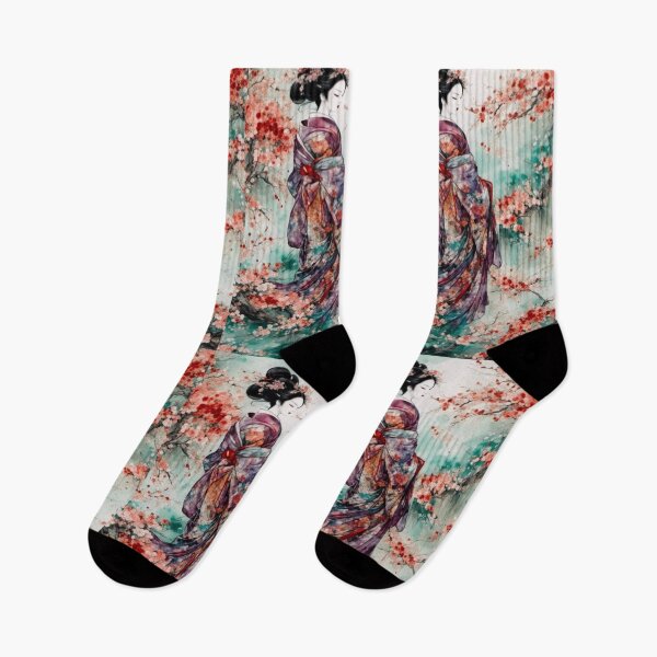 Item preview, Geisha, Asian woman, walking in a mystic Japanese woods  floral background designed and sold by Coolparrotgirl.