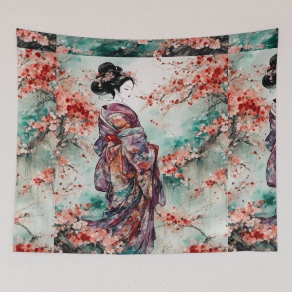 Item preview, Geisha, Asian woman, walking in a mystic Japanese woods  floral background designed and sold by Coolparrotgirl.