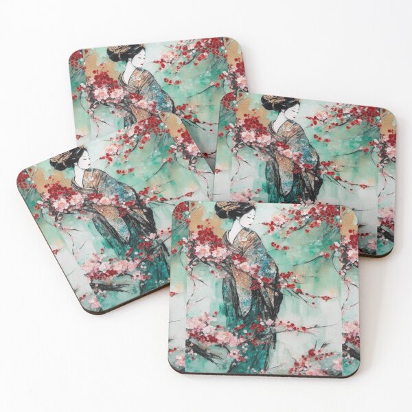 Item preview, Geisha, Asian woman, walking in a mystic Japanese woods  floral background designed and sold by Coolparrotgirl.