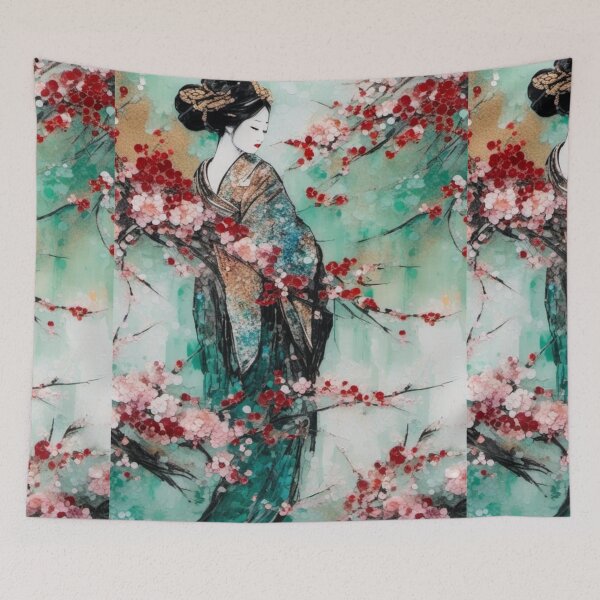 Item preview, Geisha, Asian woman, walking in a mystic Japanese woods  floral background designed and sold by Coolparrotgirl.