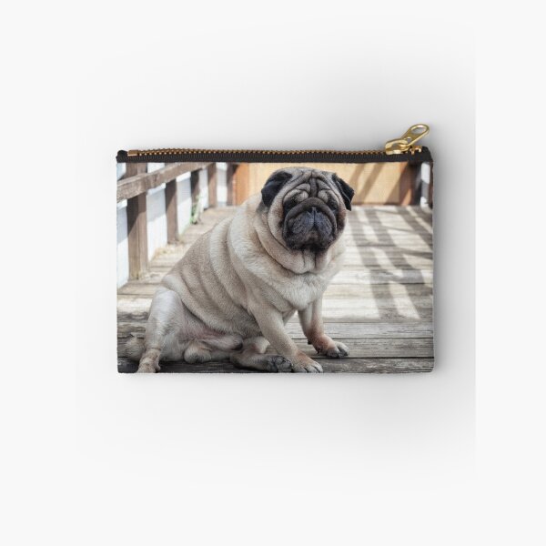 Item preview, Funny Chubby Pug Dog Sitting on Wooden Bridge Portrait designed and sold by LRPhotoart.