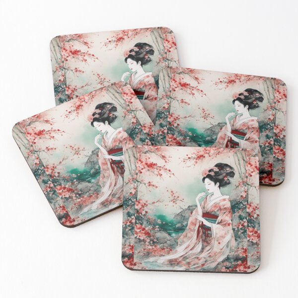 Item preview, Geisha, Asian woman, walking in a mystic Japanese woods  floral background designed and sold by Coolparrotgirl.