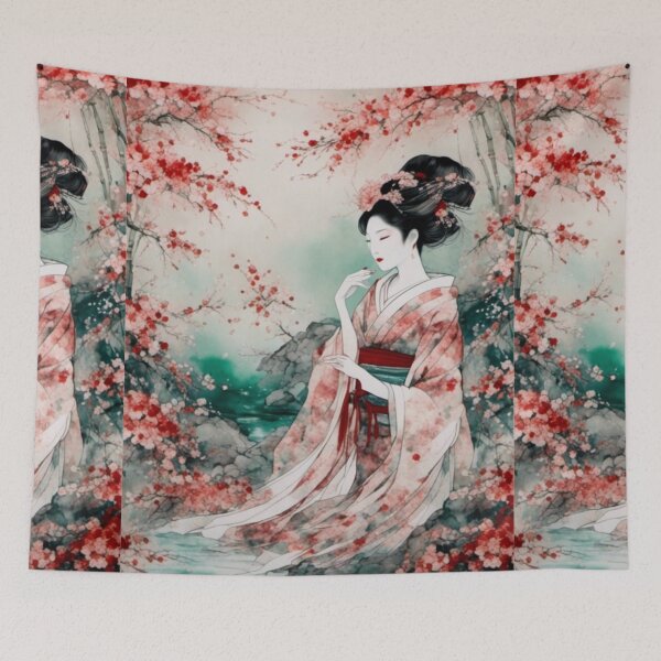 Item preview, Geisha, Asian woman, walking in a mystic Japanese woods  floral background designed and sold by Coolparrotgirl.