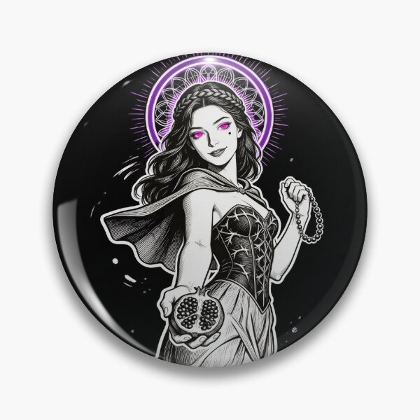 Item preview, persephone saint saint of sin underworld queen pomegranate communion gothic engraving hot pink eyes electric purple halo dark fantasy designed and sold by DarkMedieval.