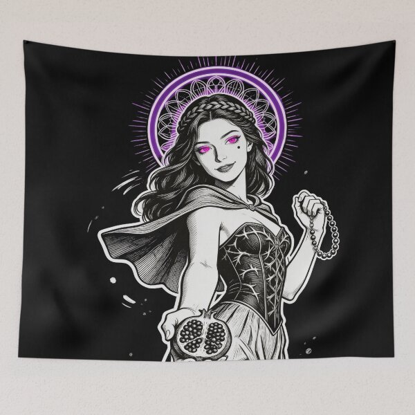 Item preview, persephone saint saint of sin underworld queen pomegranate communion gothic engraving hot pink eyes electric purple halo dark fantasy designed and sold by DarkMedieval.