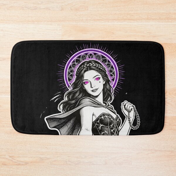 Item preview, persephone saint saint of sin underworld queen pomegranate communion gothic engraving hot pink eyes electric purple halo dark fantasy designed and sold by DarkMedieval.