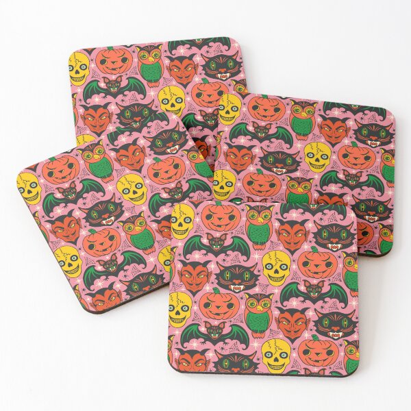 Item preview, Retro Halloween in Pink - Skull Black Cat Devil Pumpkin Bat Owl designed and sold by Carrie Cantwell Art.
