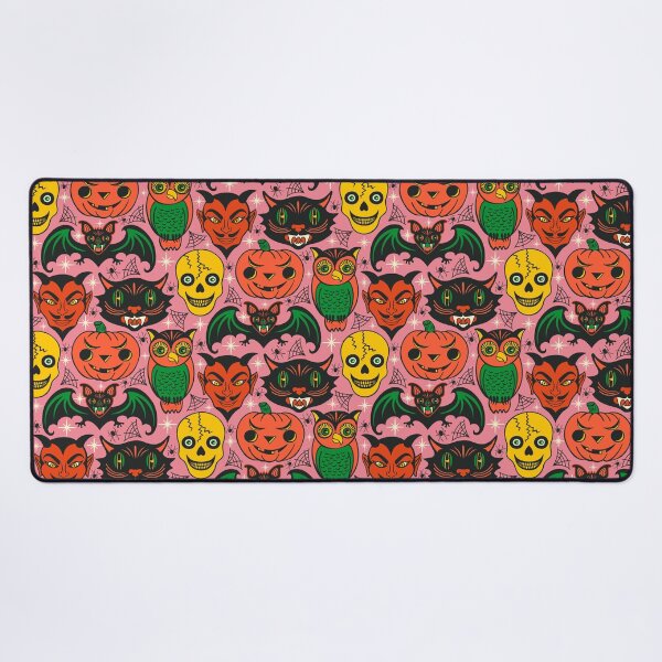 Item preview, Retro Halloween in Pink - Skull Black Cat Devil Pumpkin Bat Owl designed and sold by Carrie Cantwell Art.