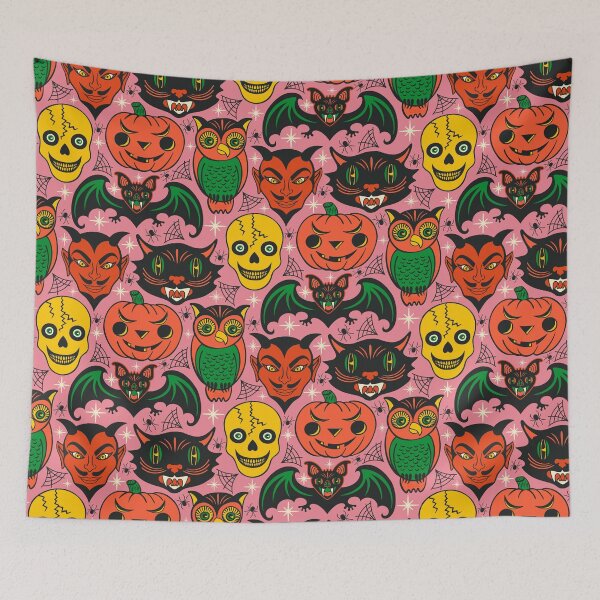 Item preview, Retro Halloween in Pink - Skull Black Cat Devil Pumpkin Bat Owl designed and sold by Carrie Cantwell Art.