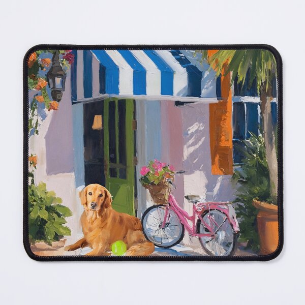 Item preview, Grandmillennial art, Golden retriever and a pink bicycle designed and sold by SophieClimaArt.