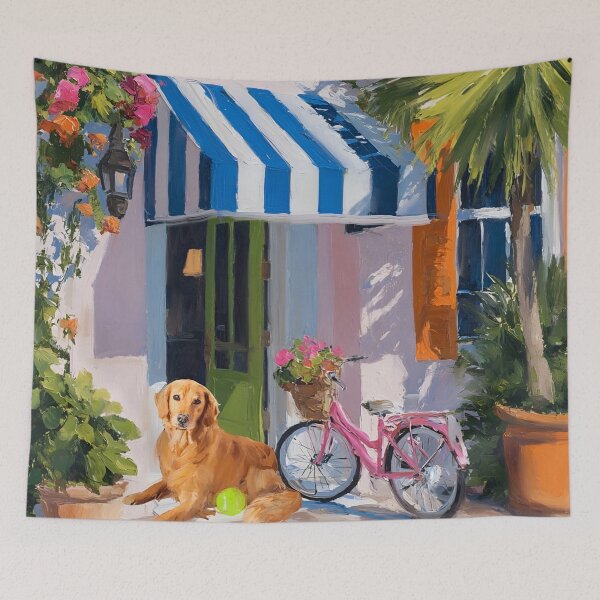 Item preview, Grandmillennial art, Golden retriever and a pink bicycle designed and sold by SophieClimaArt.