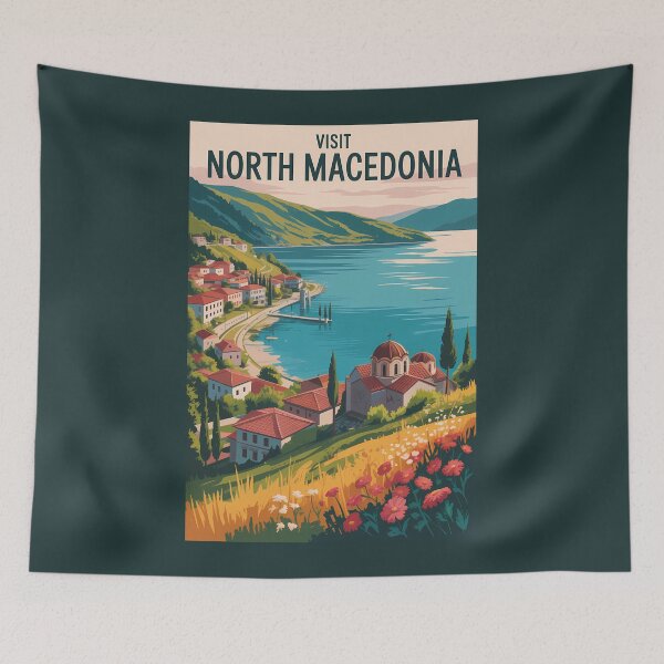 Item preview, North Macedonia Skyline Illustration Travel Art Vintage designed and sold by KrisSidDesigns.