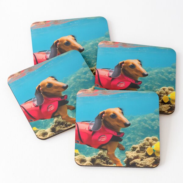 Item preview, Dachshund Swimming in Coral Reef - Red Vest Diving Dog Art designed and sold by CanineCourier.