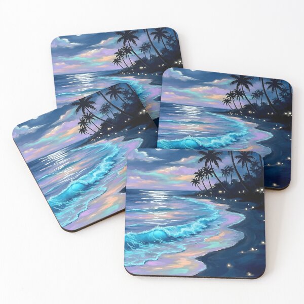 Item preview, Moonlit Tropical Beach Bioluminescent Wave Painting designed and sold by matchakpop.