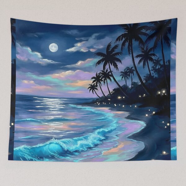 Item preview, Moonlit Tropical Beach Bioluminescent Wave Painting designed and sold by matchakpop.