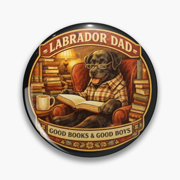 Artikelvorschau, Labrador-Papa liest Bücher — Geschenkidee: Gute Bücher, gute Jungs – Vintage-Anstecknadel entworfen und verkauft von PawPrintCustom.