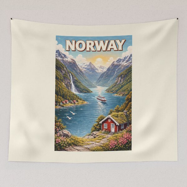 Item preview, Norway Fjord Illustration Travel Art Vintage designed and sold by KrisSidDesigns.