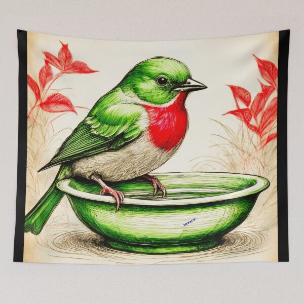 Item preview, Bird Bath with Visitor — Red and Green Ballpoint Portrait designed and sold by mrpropcake.