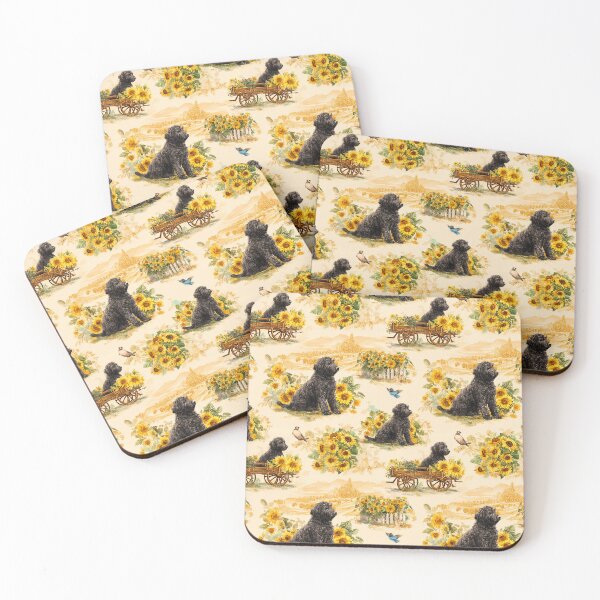 Item preview, Cottagecore Sunflower Toile de Jouy - Black Labradoodle designed and sold by AstrologyOven.