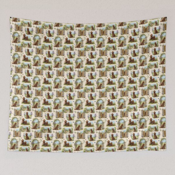 Item preview, Cottagecore Farm in the Countryside Toile de Jouy - Chocolate Labradoodle designed and sold by AstrologyOven.