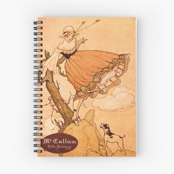 Item preview, Vintage Art Deco - woman in a peach-colored dress perched on a tree branch, looking down at a dog, with a prominent black cat emblem on her stocking. designed and sold by RickE.