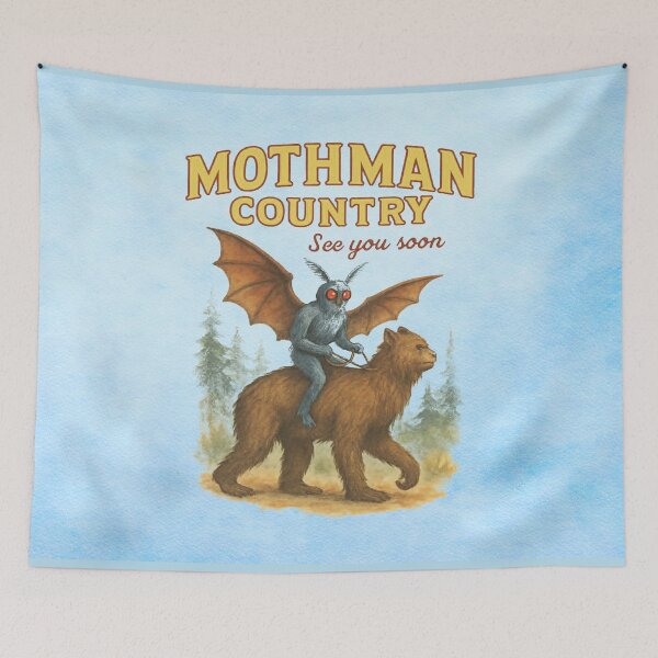 Item preview, Mothman Country See You Soon – Mothman Riding a Bear Illustration designed and sold by MysticOzzy.