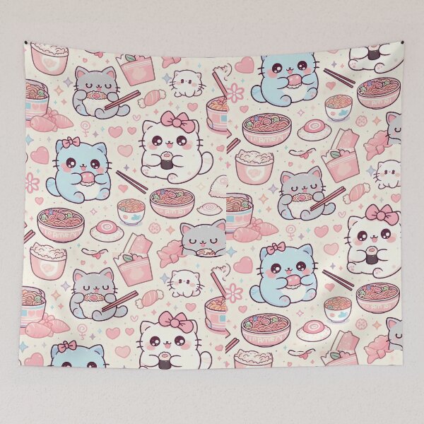 Item preview, Kawaii Pastel Cats Sushi Ramen Seamless Pattern designed and sold by MochiCatCreations.