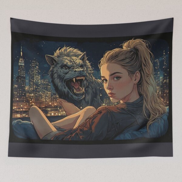 Item preview, epic art, stunning girl posing for a photoshoot with a beast wolf designed and sold by Design Repo.