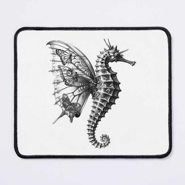Item preview, Steampunk Seahorse With Butterfly Wings – Black and White Fantasy Illustration designed and sold by inkoutninja.