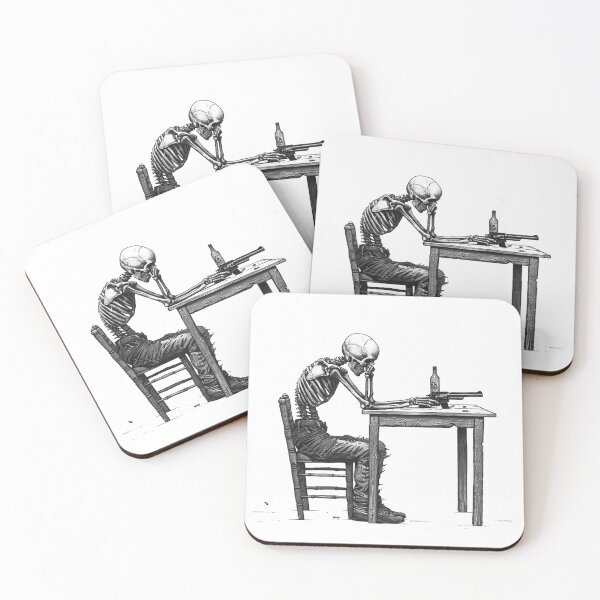 Item preview, Skeleton at Table With Gun and Bottle – Dark Gothic Black and White Illustration designed and sold by inkoutninja.