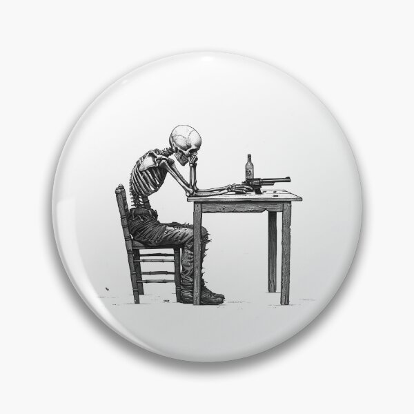 Item preview, Skeleton at Table With Gun and Bottle – Dark Gothic Black and White Illustration designed and sold by inkoutninja.