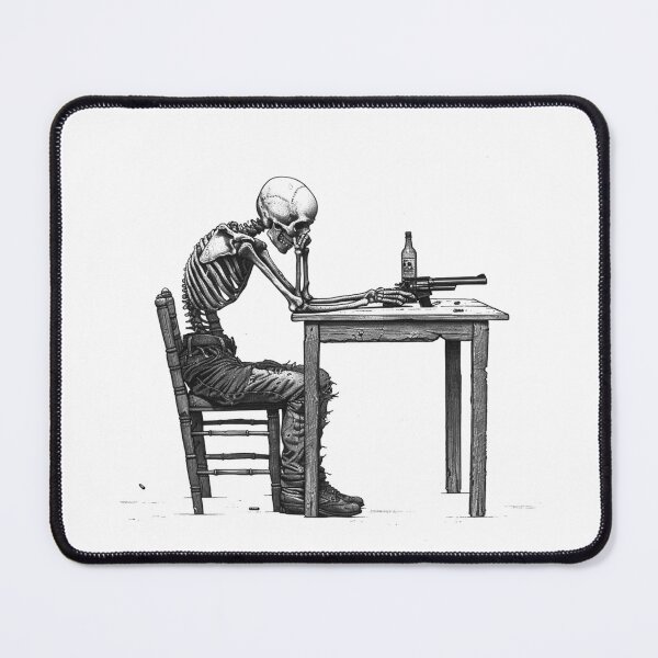 Item preview, Skeleton at Table With Gun and Bottle – Dark Gothic Black and White Illustration designed and sold by inkoutninja.