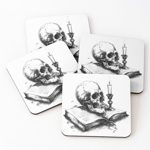 Item preview, Skull on Open Book With Candle – Gothic Memento Mori Black and White Art designed and sold by inkoutninja.