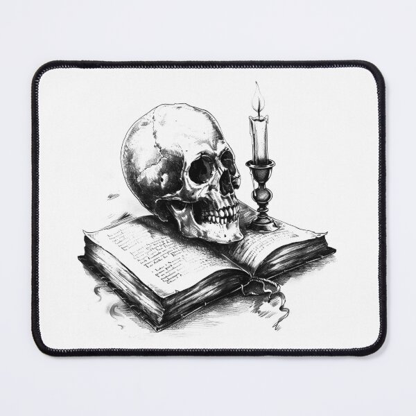 Item preview, Skull on Open Book With Candle – Gothic Memento Mori Black and White Art designed and sold by inkoutninja.