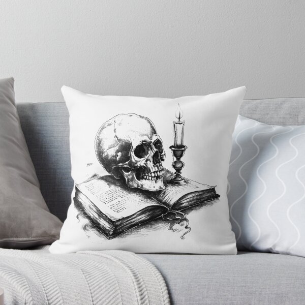 Item preview, Skull on Open Book With Candle – Gothic Memento Mori Black and White Art designed and sold by inkoutninja.