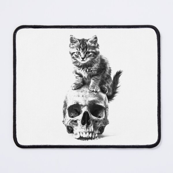 Item preview, Kitten on Skull – Cute Gothic Black and White Cat Photography designed and sold by inkoutninja.