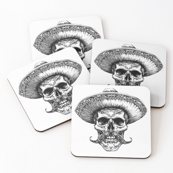 Item preview, Mexican Skull With Sombrero and Mustache – Dia de los Muertos Black and White Art designed and sold by inkoutninja.