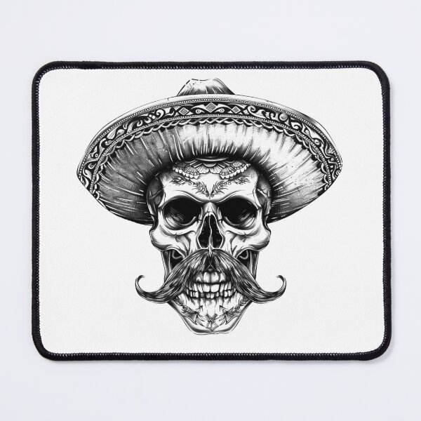 Item preview, Mexican Skull With Sombrero and Mustache – Dia de los Muertos Black and White Art designed and sold by inkoutninja.