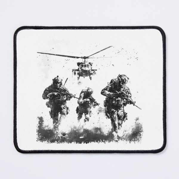 Item preview, Black and White Military Action Scene With Helicopter – Tactical Squad Illustration designed and sold by inkoutninja.