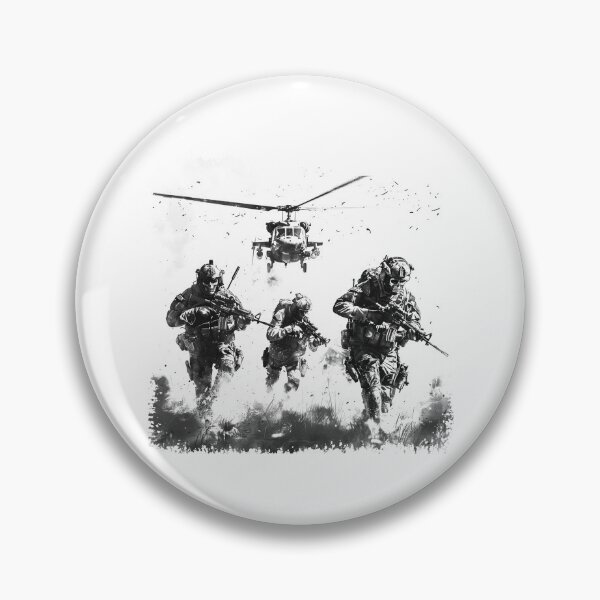 Item preview, Black and White Military Action Scene With Helicopter – Tactical Squad Illustration designed and sold by inkoutninja.